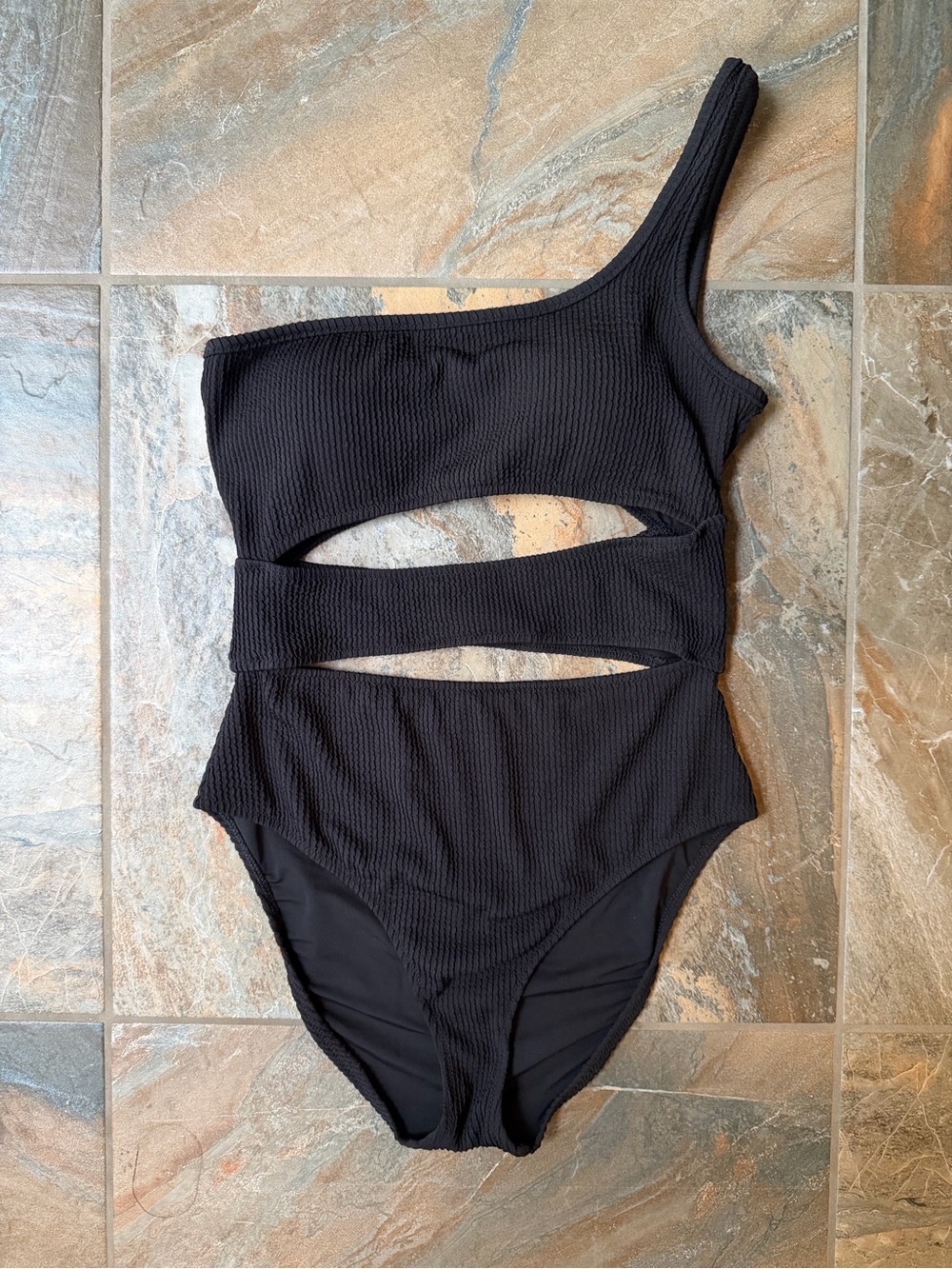 Aerie Crinkle Full Coverage One Piece Swimsuit Cutout Women’s Size Large Black